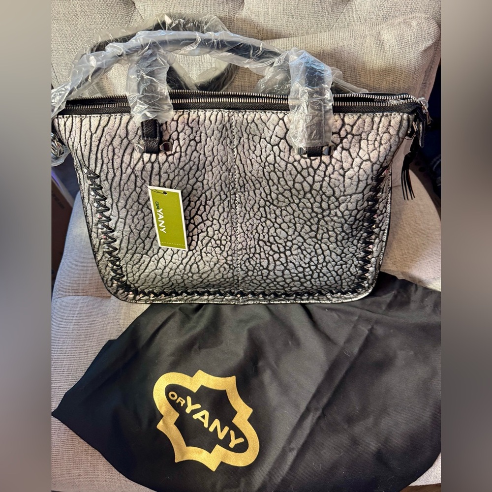orYANY Silver & Black Embossed Leather Suede Top-Handle Crossbody Bag Large NWT - Picture 4 of 13